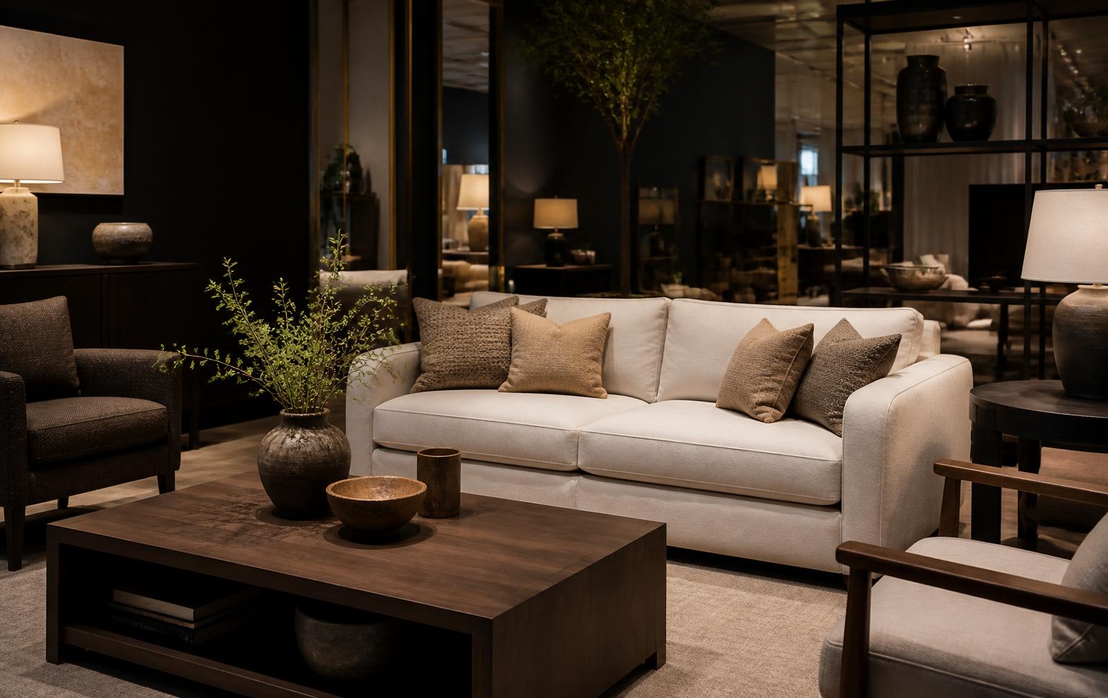 Showroom Livanza com sofá em tecido claro e iluminação dourada